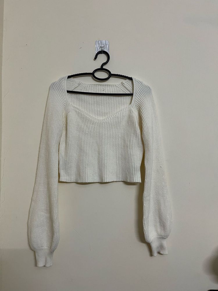 Cream Ribbed Balloon Sleeve Crop Top