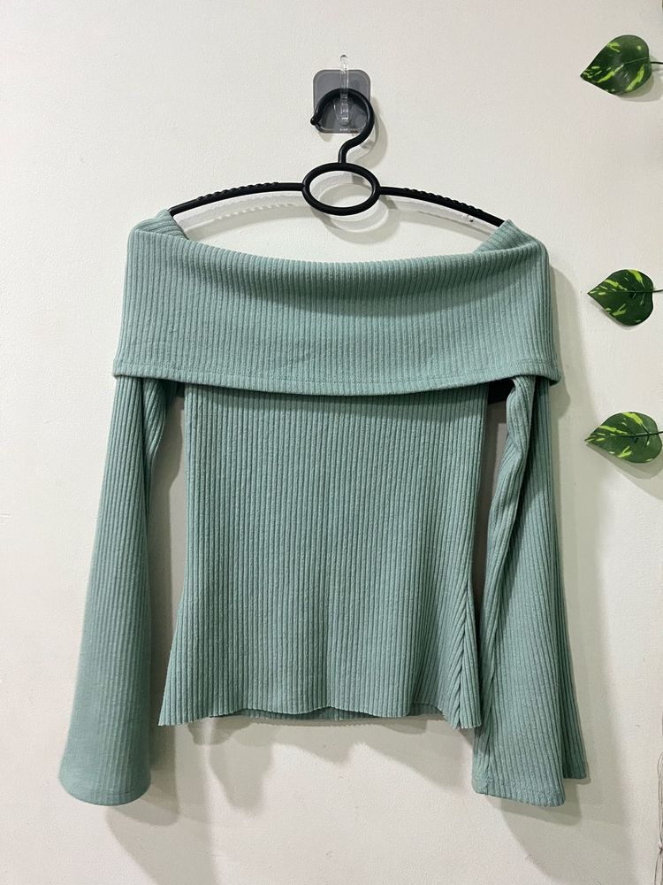 Mint Green Off-Shoulder Ribbed Top