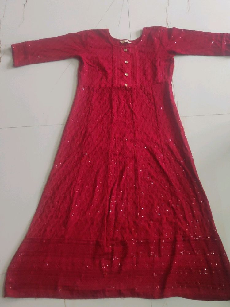 MAROON CHIKANKARI CAMBRIC COTTON GOWN