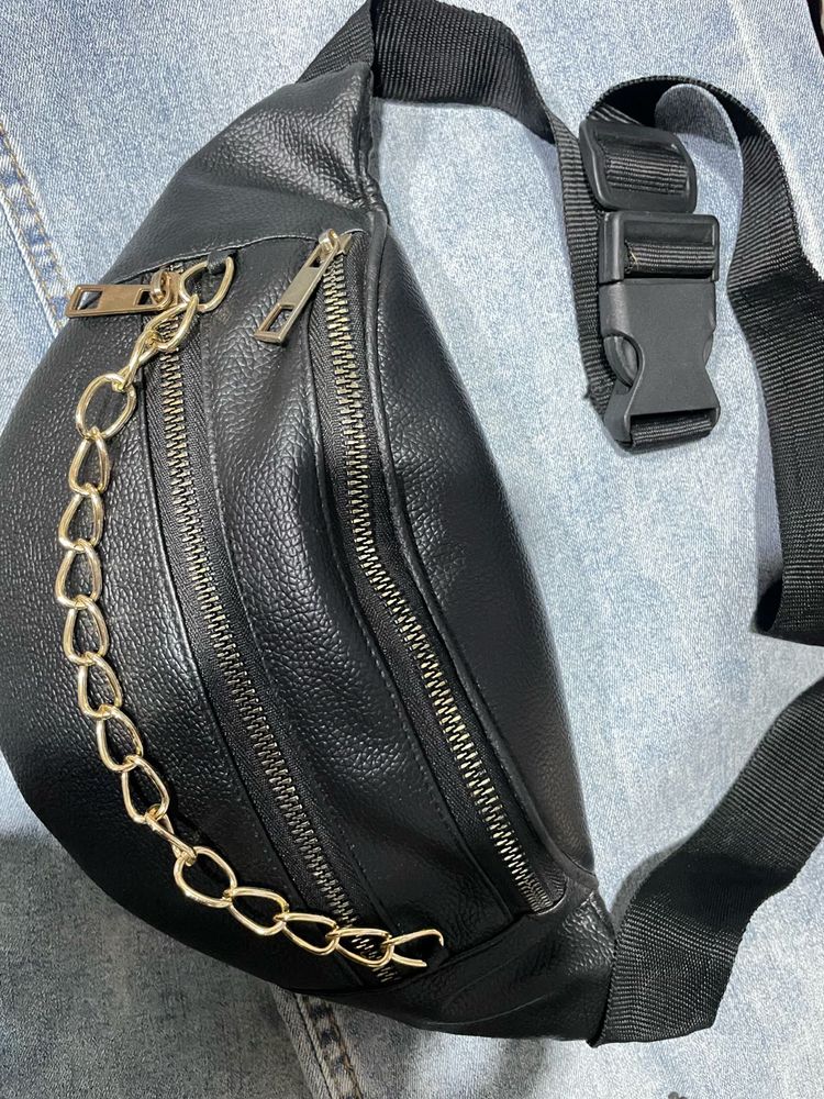 Black Faux Leather Fanny Pack with Gold Chain