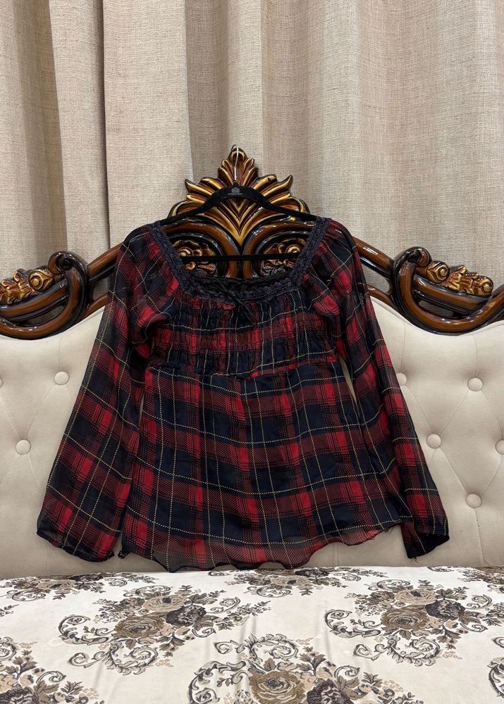 Red Plaid Long Sleeve Top