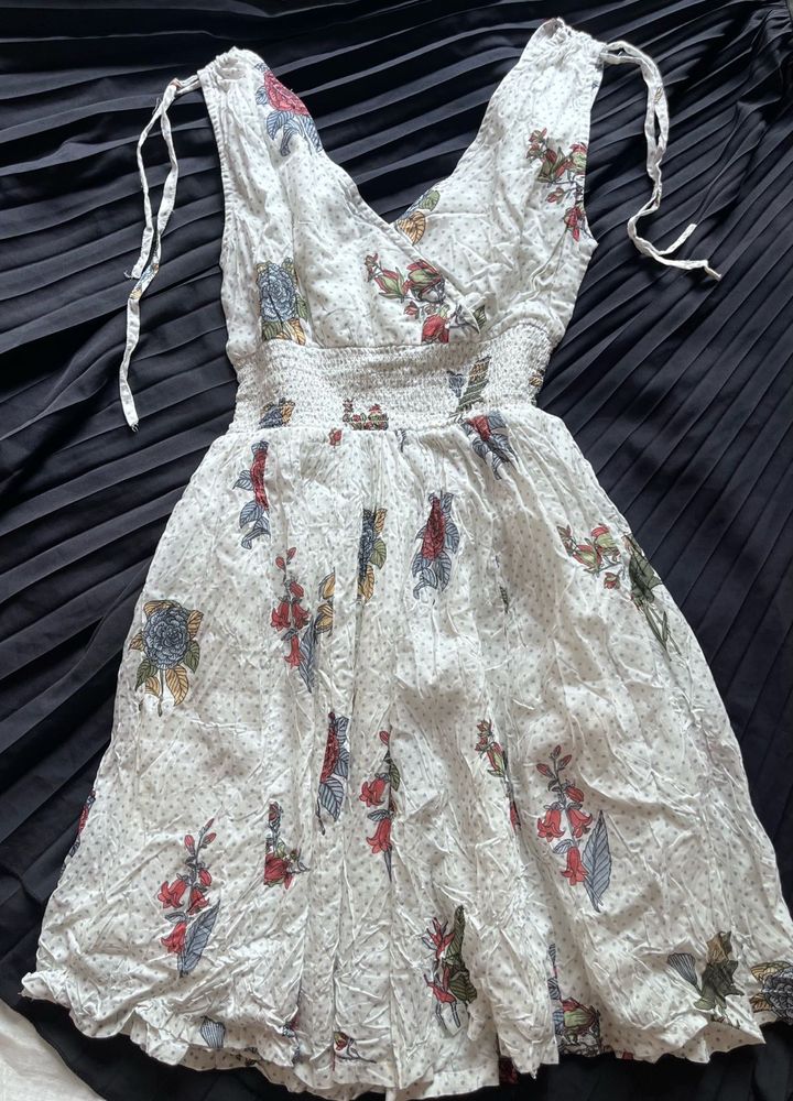 White Floral Smocked Waist Dress