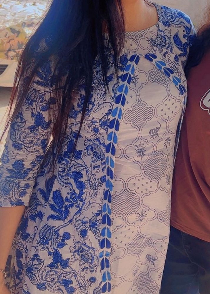 soft cotton Blue Floral Print Long Kurta with pant