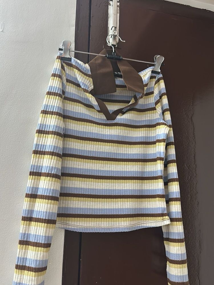 Striped Collared Long Sleeve Top