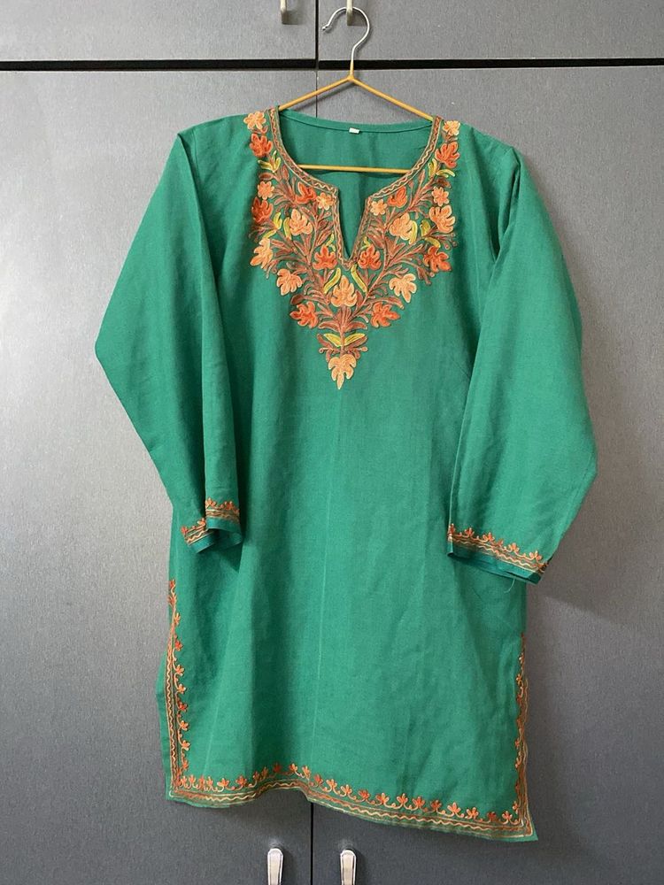 Kashmiri Embroidered Green Kurta