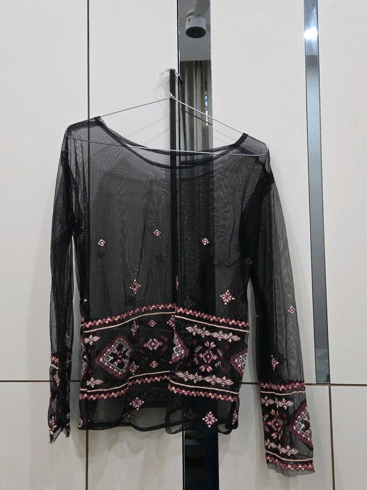Sheer Embroidered Long Sleeve Top