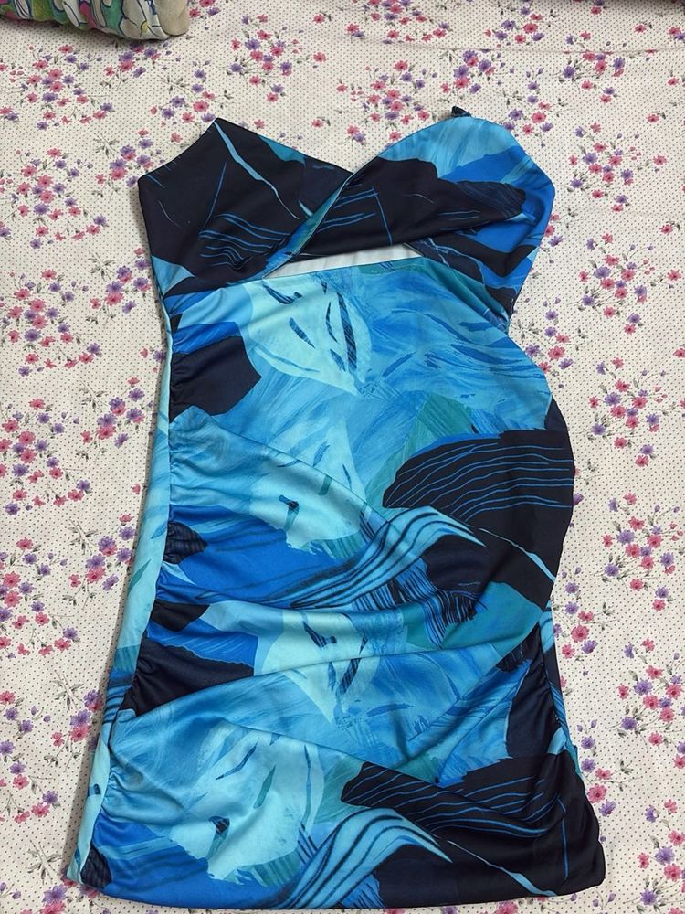 Blue Abstract Print Ruched Mini Dress