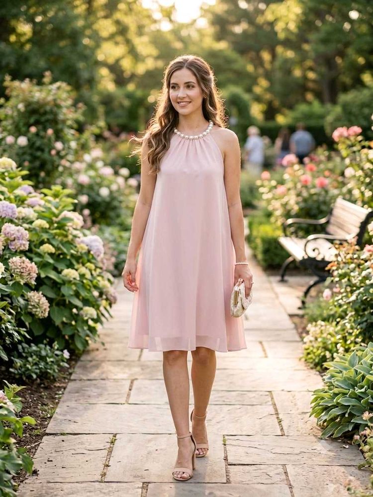 Elegant Pink Pearl Neck Dress