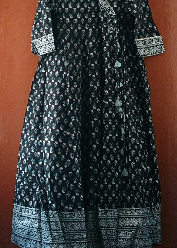 Black Printed pure cotton Kurta with Tassels
