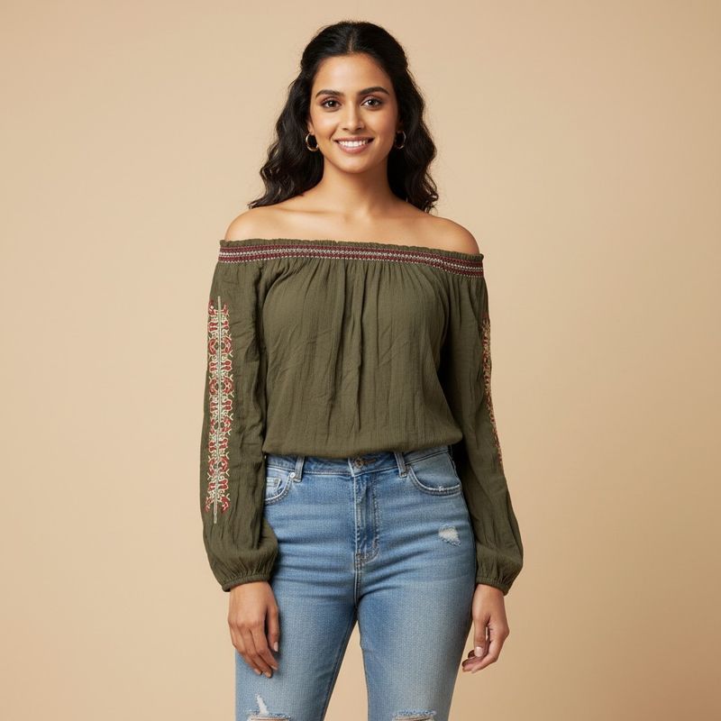 Embroidered Long-Sleeve Off-Shoulder Top