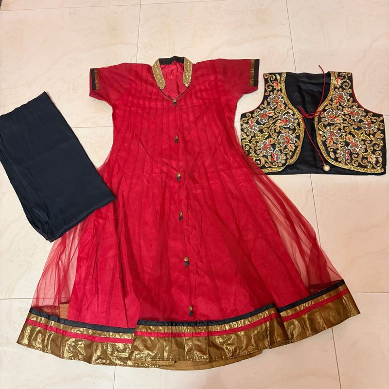 Red Anarkali Kurta Set with Embroidered Jacket