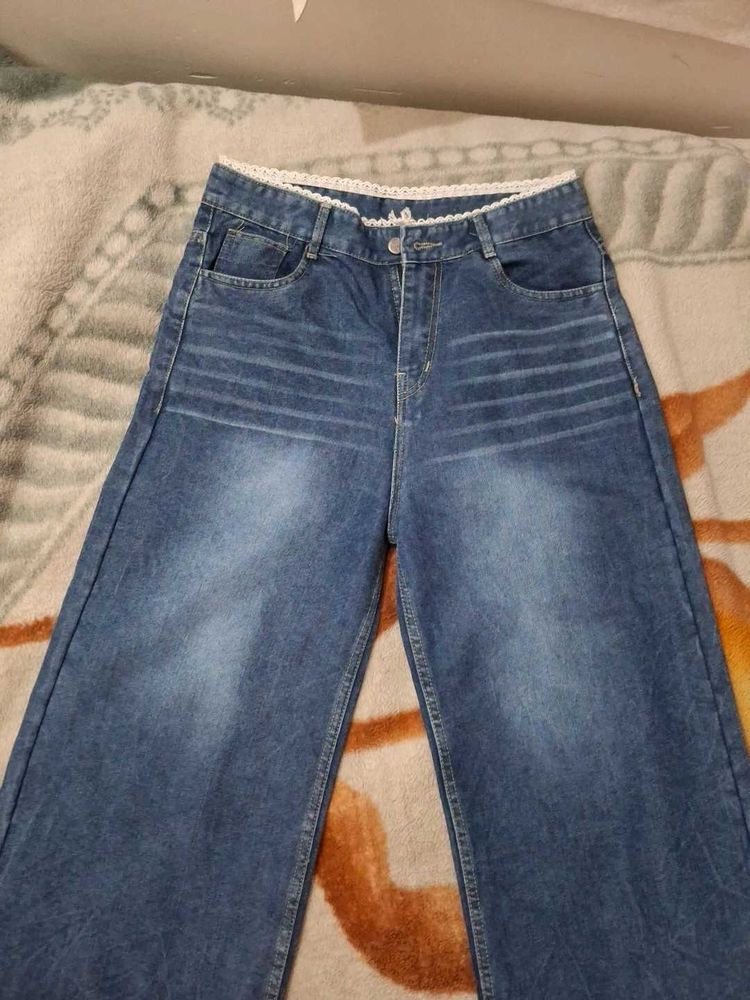 Wide Leg Blue Jeans with Lace Trim