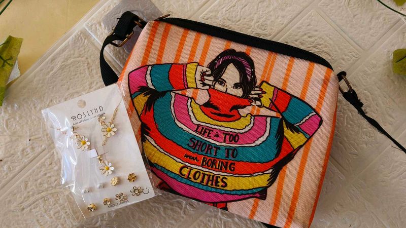 Vibrant Graphic Pouch with Daisy Jewelry Set