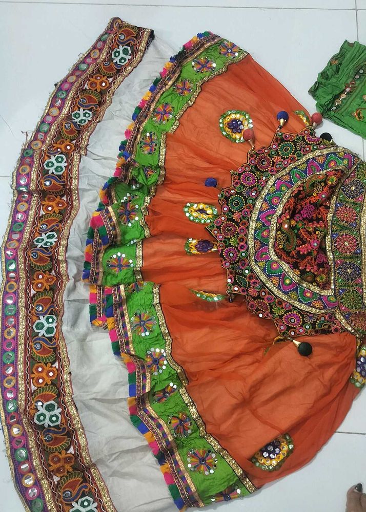 garba dress orange white Vibrant Embroidered Lehen