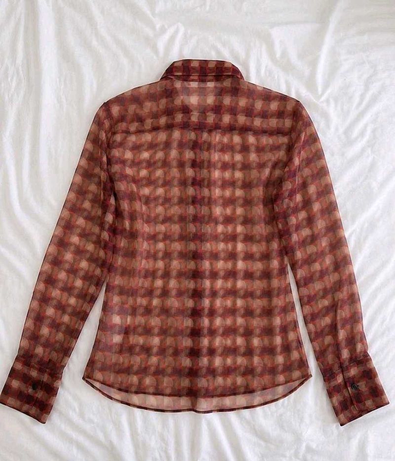 ZARA Sheer Checkered Long Sleeve Blouse