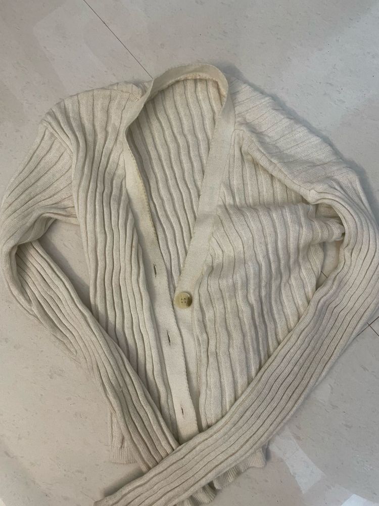 Cream Ribbed Button-Up Cardigan