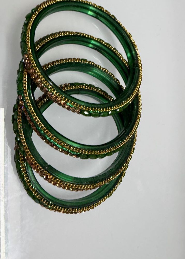 Green Glass Bangles with Gold Embellishments