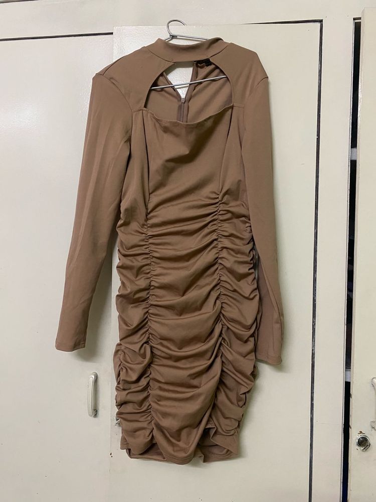 Brown Ruched Cut-Out Mini Dress