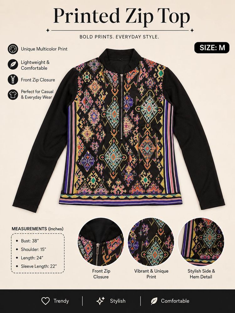 Printed Zip Front Long Sleeve Top