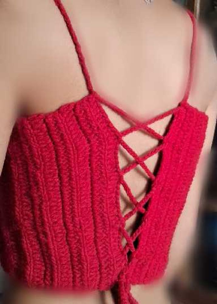 Red Crochet Lace-Up Crop Top