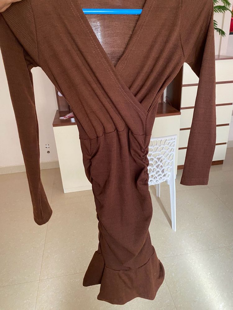 Brown Ruched Wrap Dress