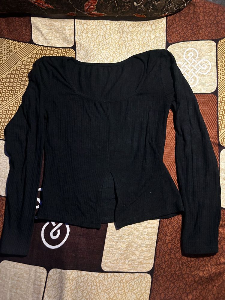 Black Long Sleeve Ribbed Top