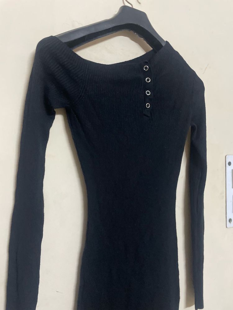 Black Ribbed Button Detail Off-Shoulder Dress