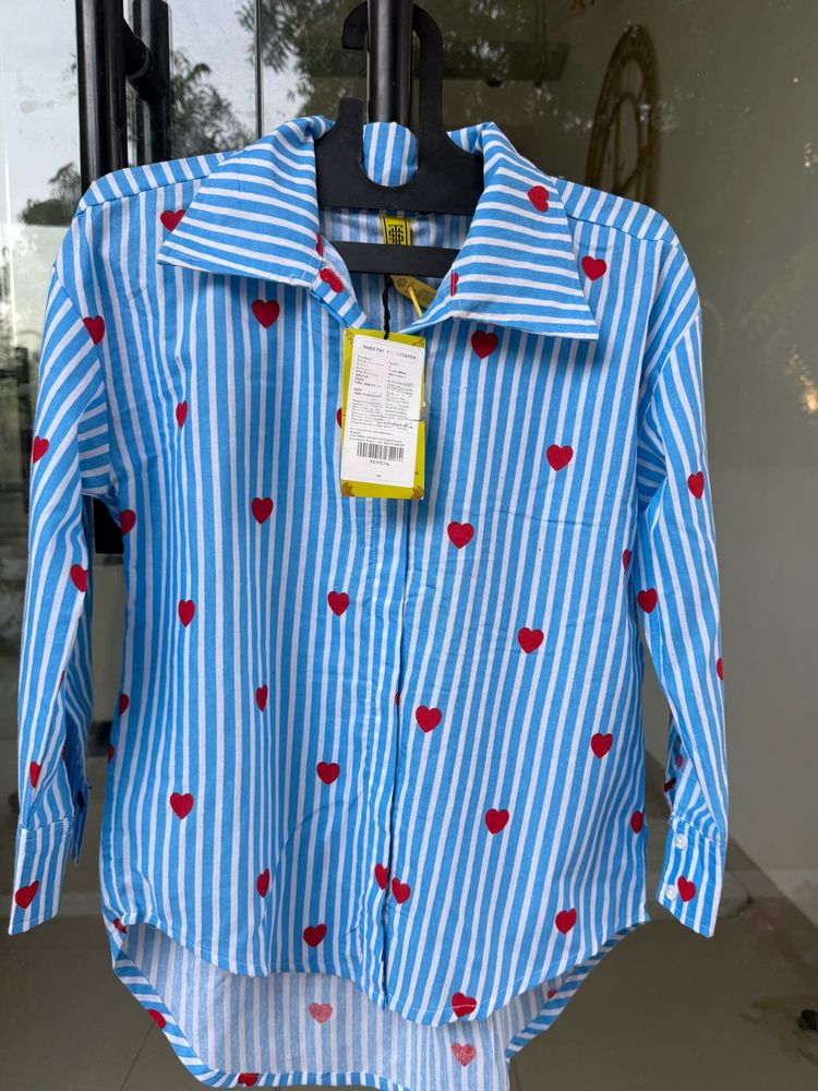 Blue Striped Heart Print Shirt