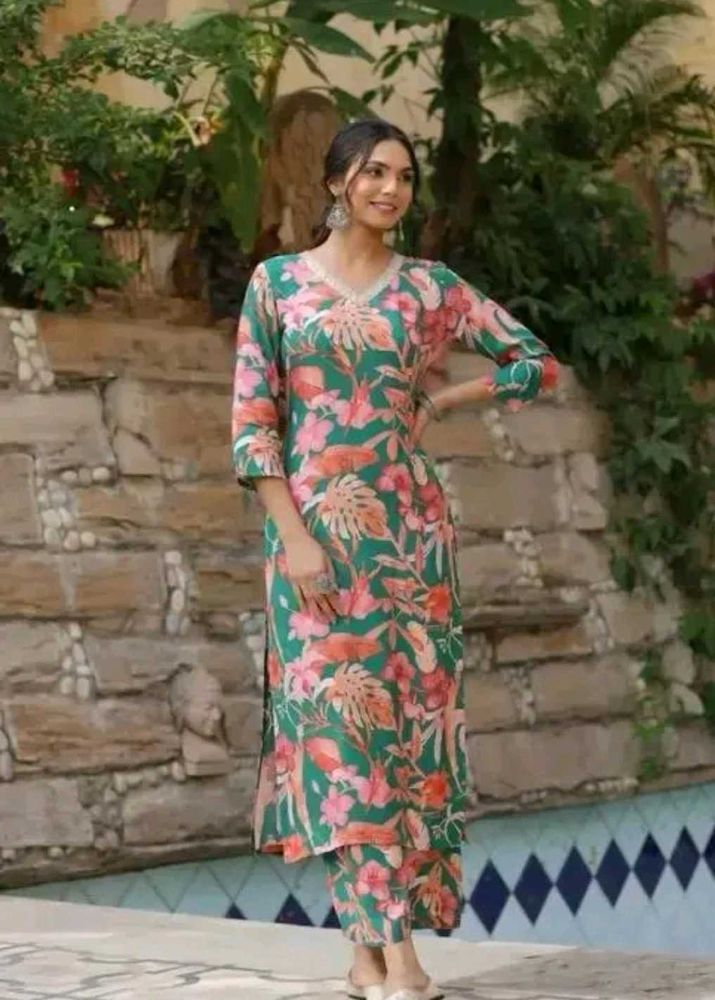 Floral Print Green Kurta Set