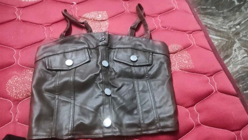 Faux Leather Crop Top with Studs