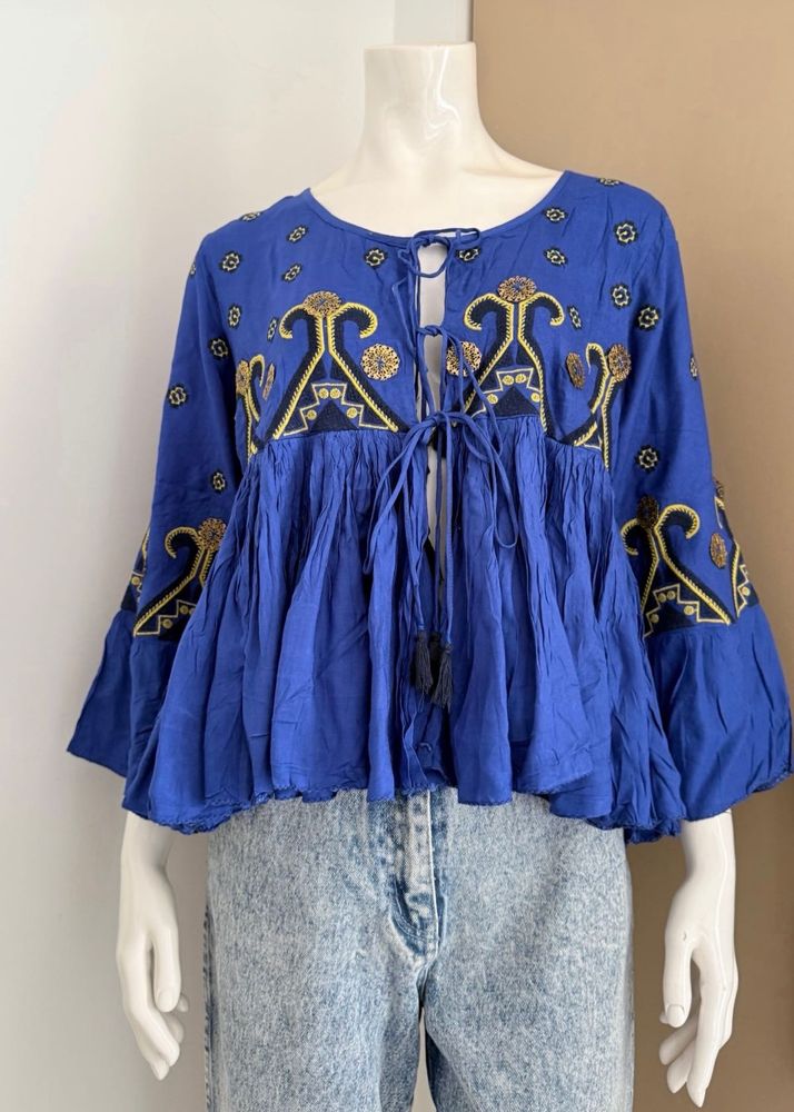 Bohemian Blue Embroidered Peasant Blouse