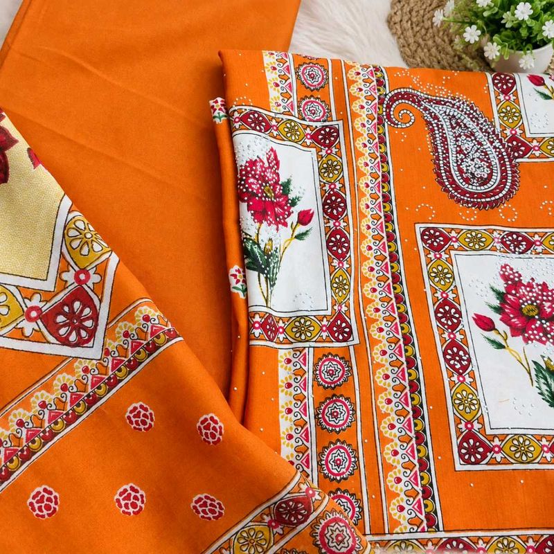 Vibrant Orange Floral Print Dress Material