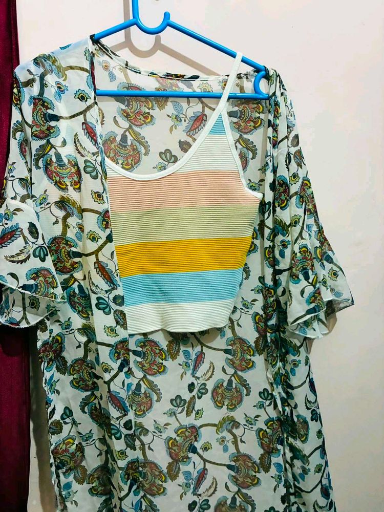 Boho Floral Kimono with Striped Tank Top