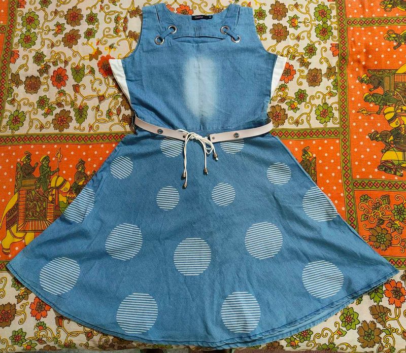 Blue Denim Polka Dot Dress with Belt