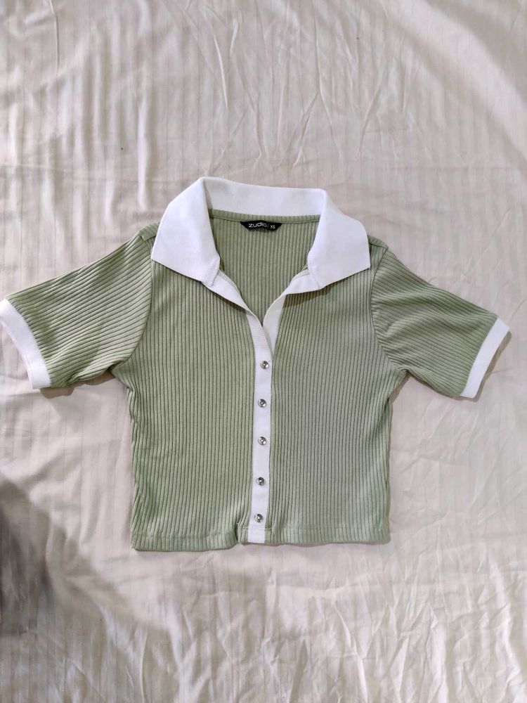 Sage Green Collared Button-Up Top