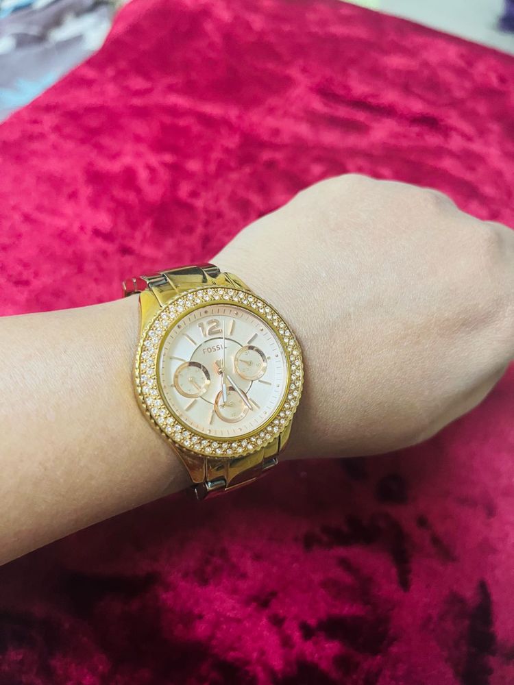Authentic Fossil Rose Gold Watch with Crystals