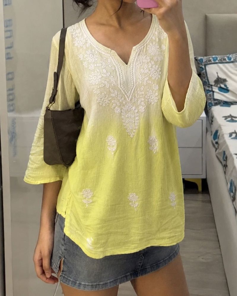 Yellow short chilankari ombre kurti