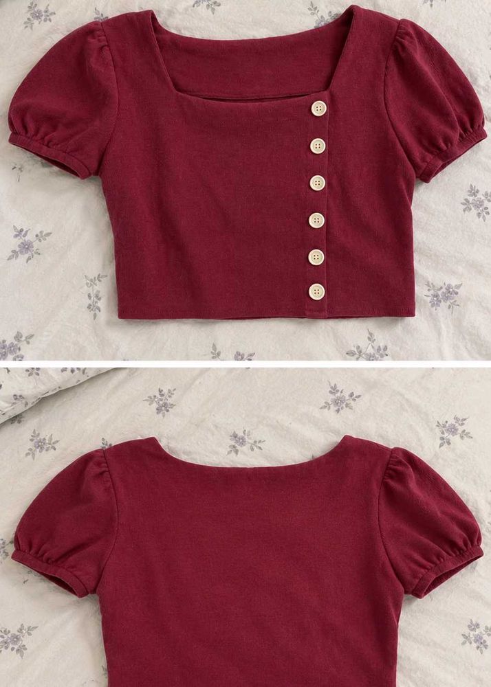 Maroon Puff Sleeve Square Neck Top