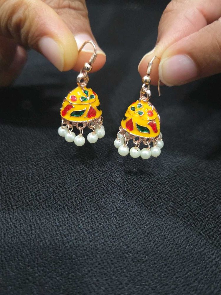Yellow Enamel Jhumka Earrings with Pearls