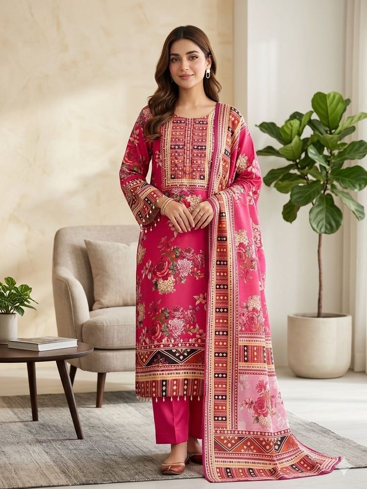 Vibrant Pink Floral Print Kurta Set