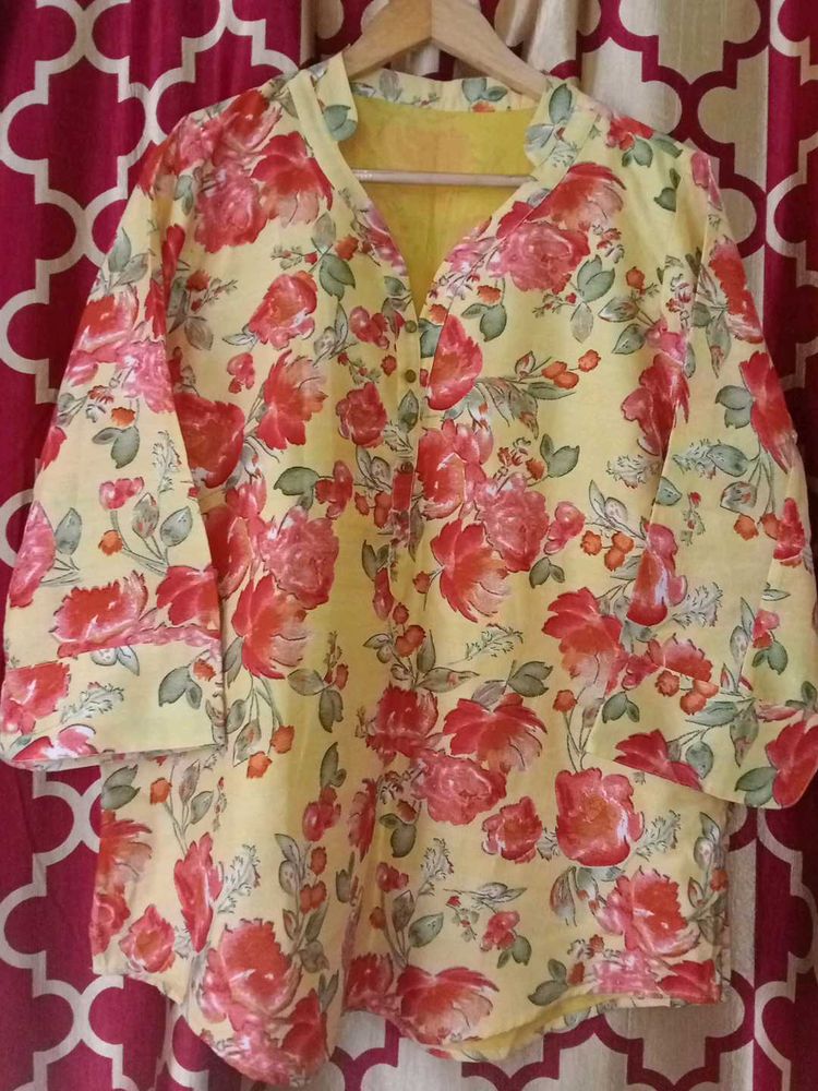 Yellow Floral Print Kurta Top