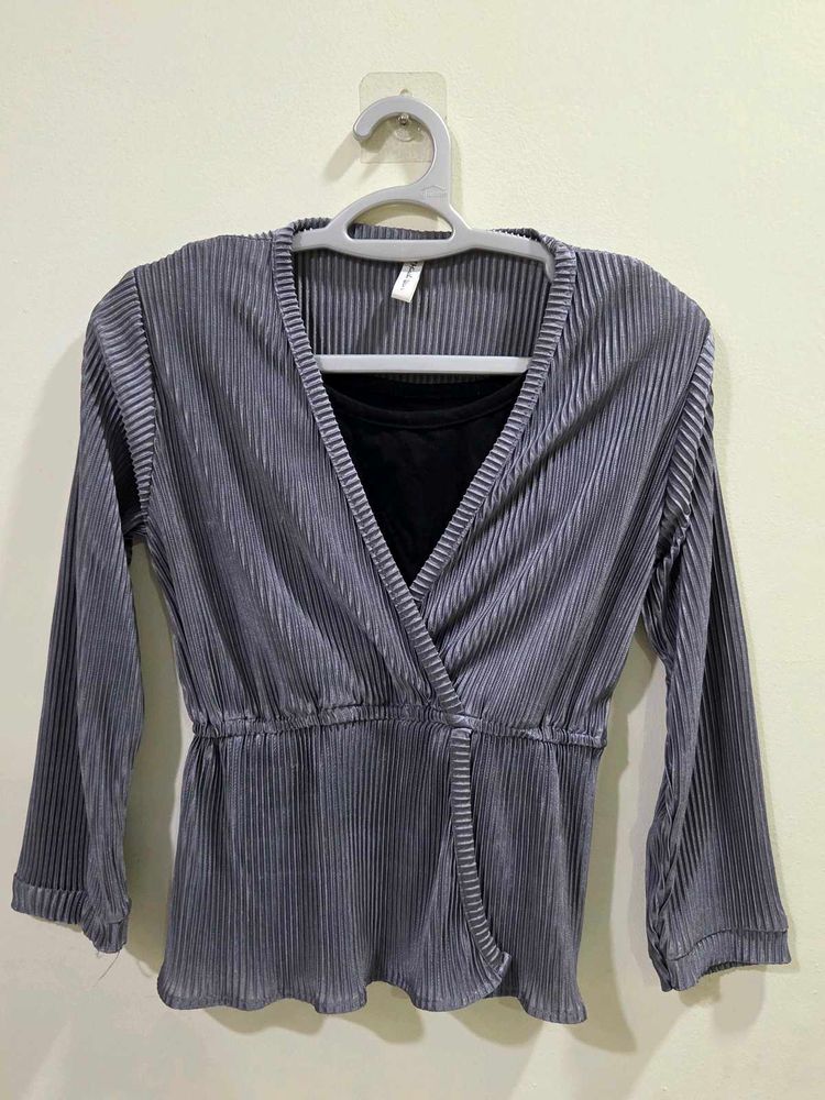 Pleated Wrap Blouse with Inner Cami