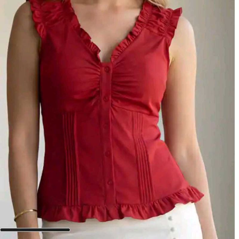 Chic Red Ruffled Button-Up Top