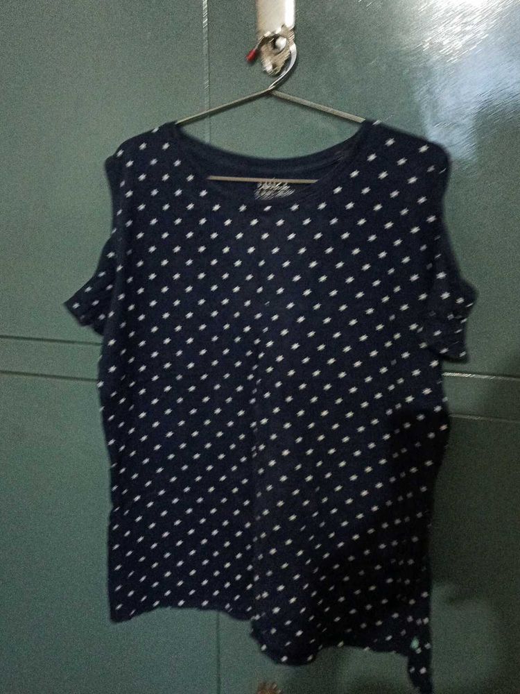 Navy Polka Dot Cold Shoulder Top