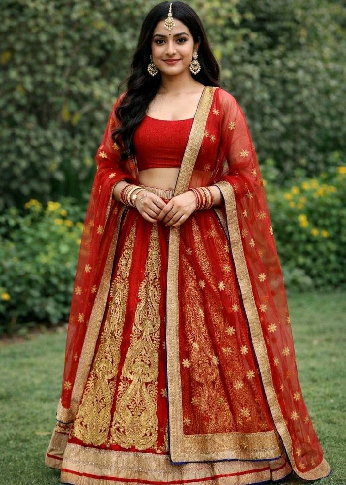 Red &amp; Gold Embroidered Lehenga Skirt