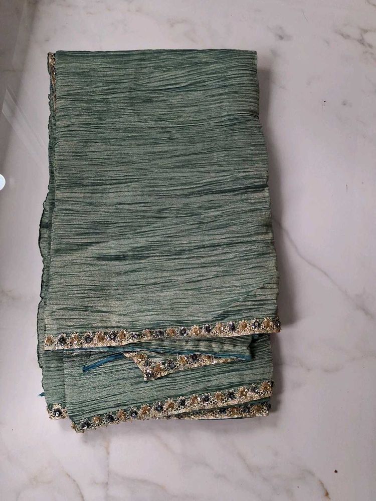 Beautiful Teal Green Crinkled Saree with blouse