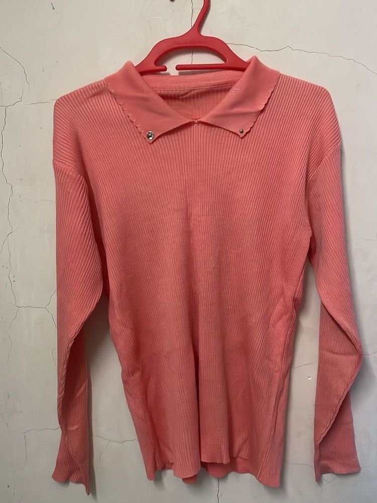 Ribbed Collared Long Sleeve Top