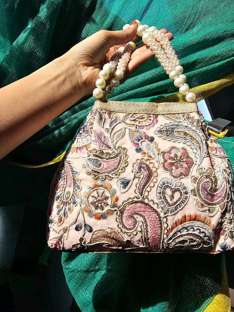 Embroidered Clutch with Pearl Handles