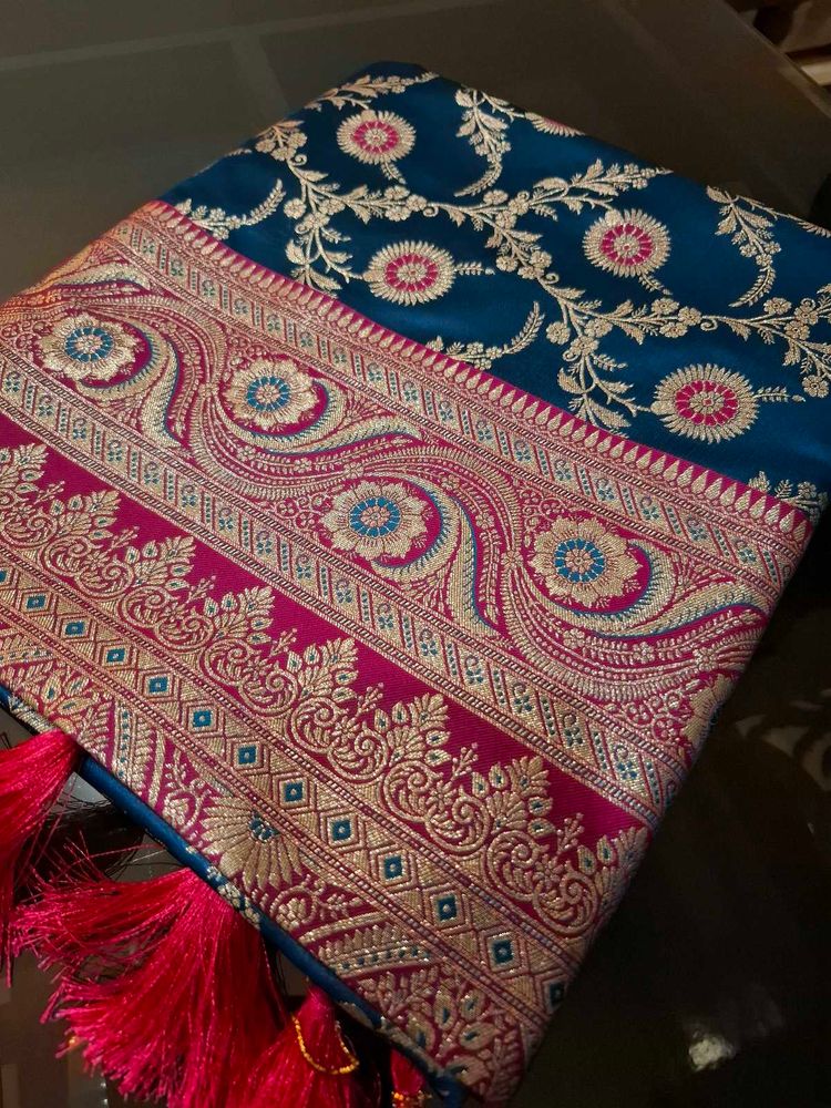 Exquisite Teal &amp; Pink banarasi satin Silk saree