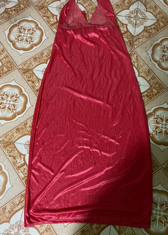 Red Satin Lace Trim Gown